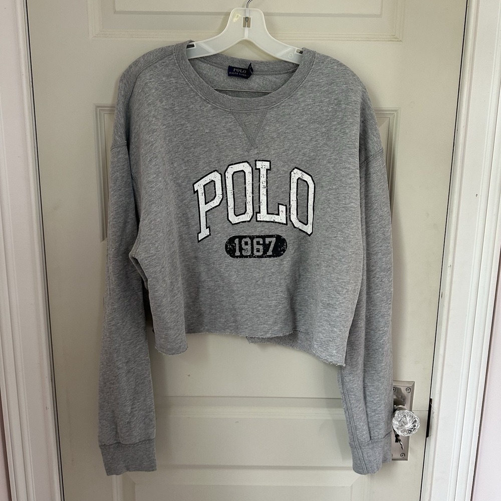 Polo Ralph Lauren Gray Cropped Long Sleeve Polo Shirt Womens SZ XL
